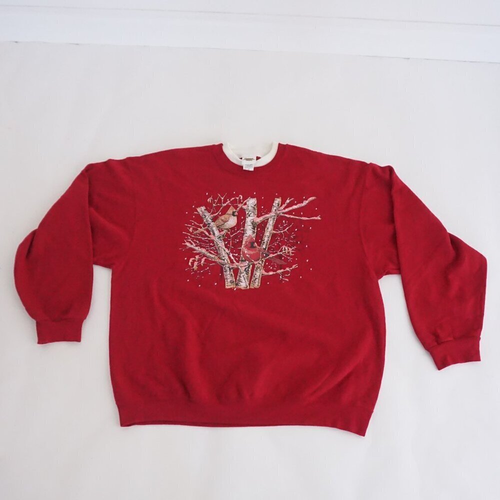 Vintage Pleasant Shade Red Cardinal Bird Winter Snow Tree Graphic Sweatshirt 2X